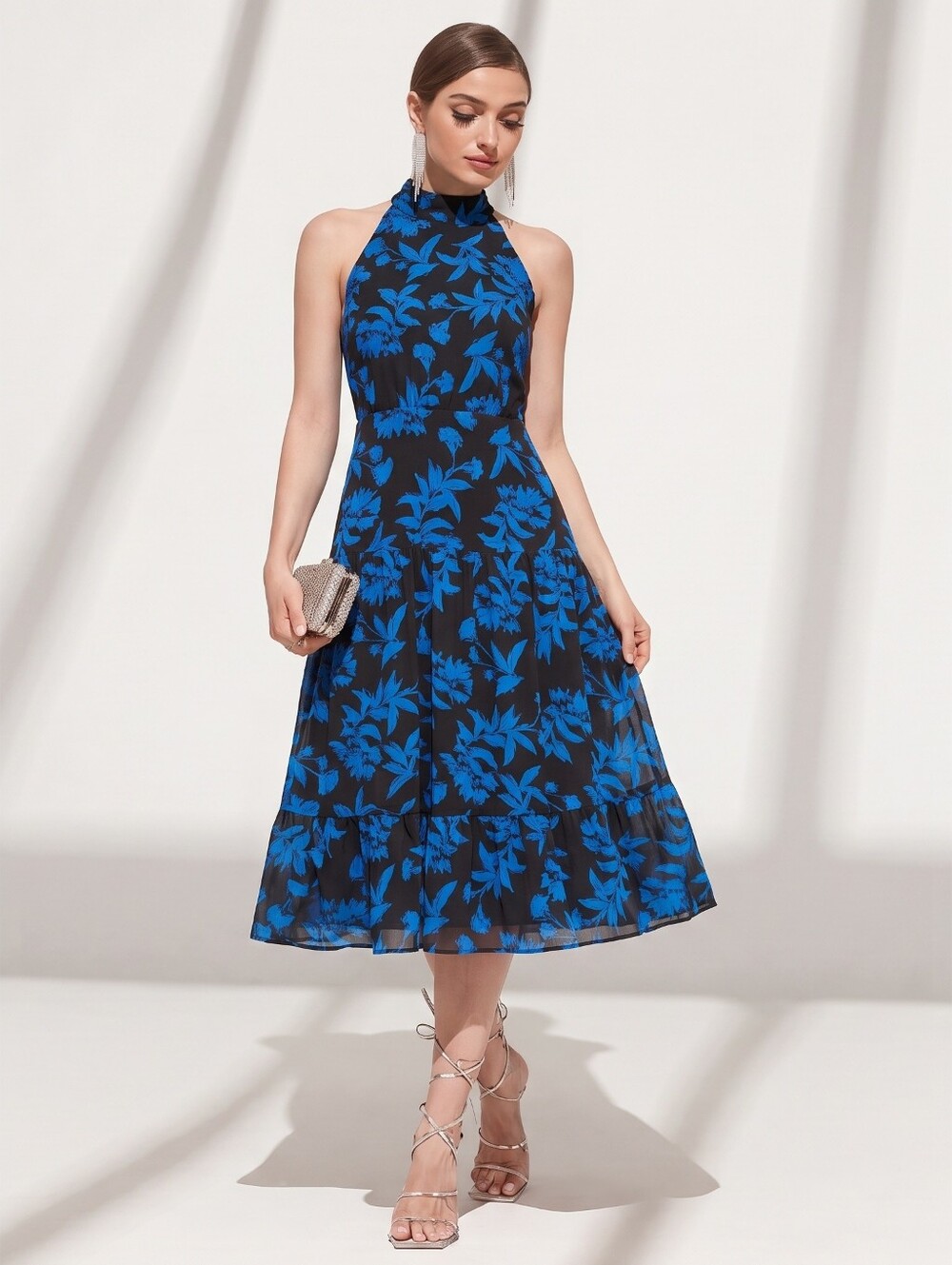 Sam Edelman Women's Black Blue Floral Tie-Neck Tiered Midi Dress Sz 10 NWT